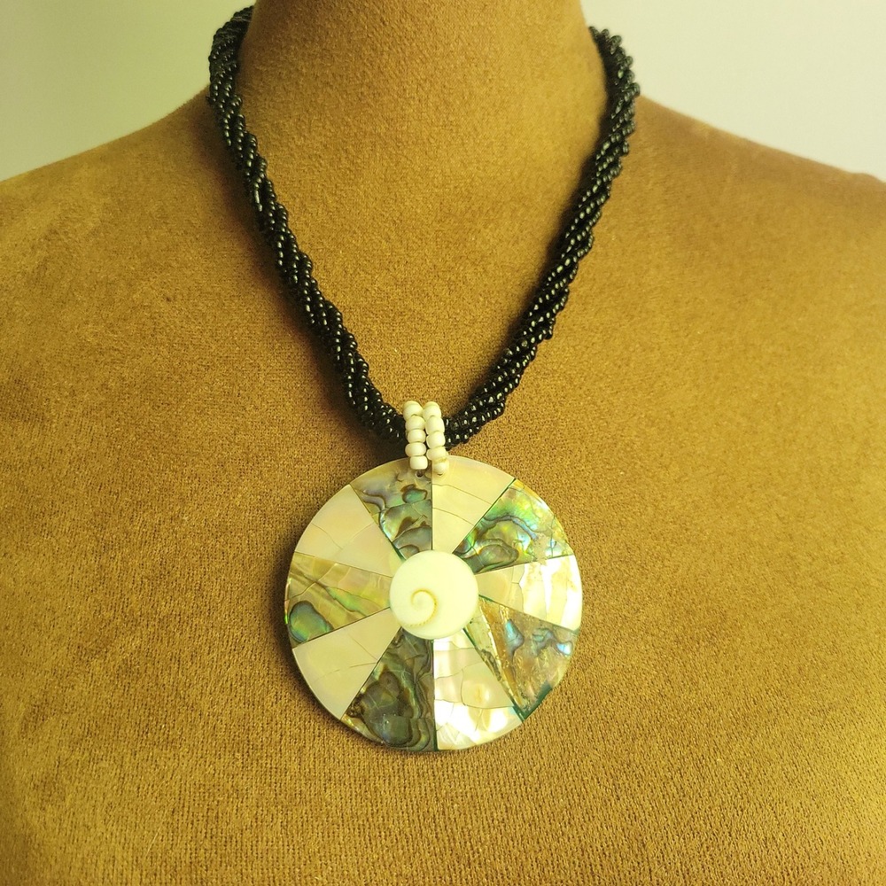 Abalone Shell Mother of Pearl Inlay Seed Bead Necklace 18in Coastal Grandmother